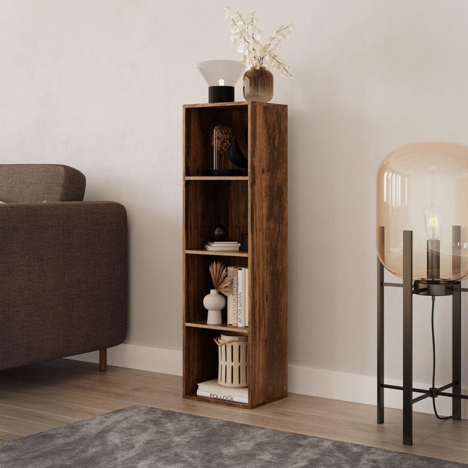 4 Shelf Wooden Bookcase, Tall Shelving Display and Storage Unit, Modern Bookshelf in Rustic Brown for Living Room or Office, Sturdy Freestanding Wood Shelves