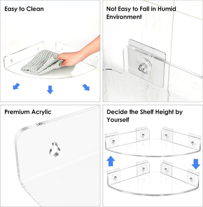 Corner Acrylic Shower Caddy Shelf 2 Pack, Wall Mounted Bathroom Organizer with Adhesive or Drill Installation, Rustproof Shampoo Holder for Tile Walls, 23 x 23 x 4.5 cm