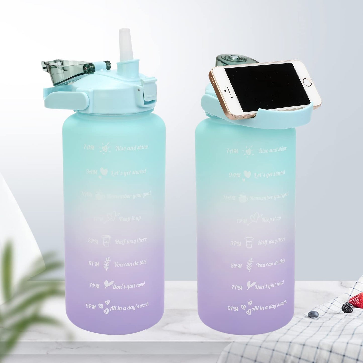 Motivational Water Bottle Set, 3 Pcs (1.9L, 950ml, 475ml) with Straw & Time Marker, Leakproof BPA-Free Jugs for Sports, Gym, and Travel, Half Gallon Hydration Tracker, Gradient Green