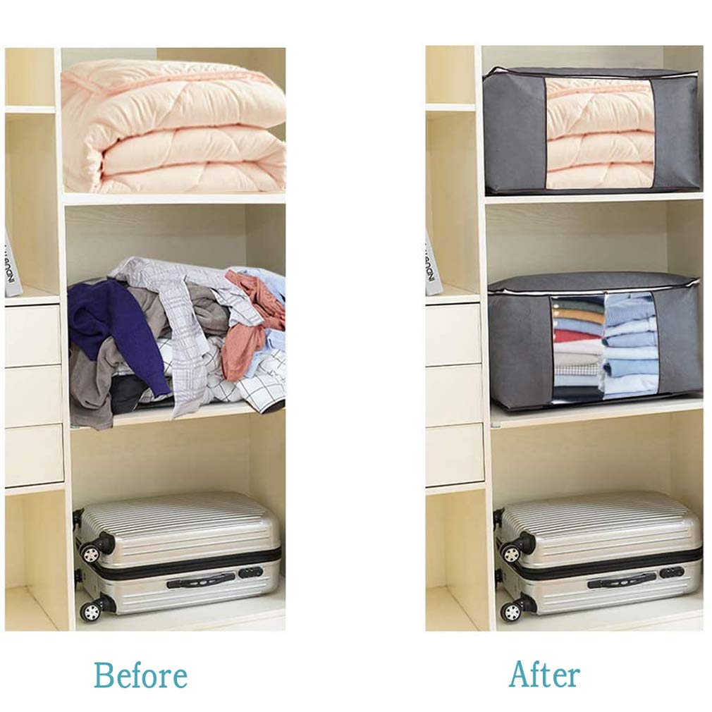 JSENGE Fabric Clothes Storage Boxes, Bedding Large Storage Bags With Lid, Underbed Clothing Storage Box, Zipper Foldable Drawer Organizer, Used For Quilts Sweaters Duvet, 60 x 35 x 43 cm, 3 Pcs