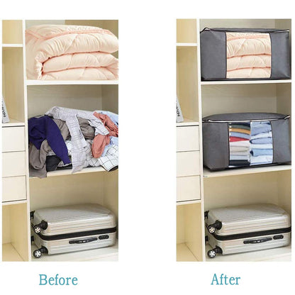 JSENGE Fabric Clothes Storage Boxes, Bedding Large Storage Bags With Lid, Underbed Clothing Storage Box, Zipper Foldable Drawer Organizer, Used For Quilts Sweaters Duvet, 60 x 35 x 43 cm, 3 Pcs