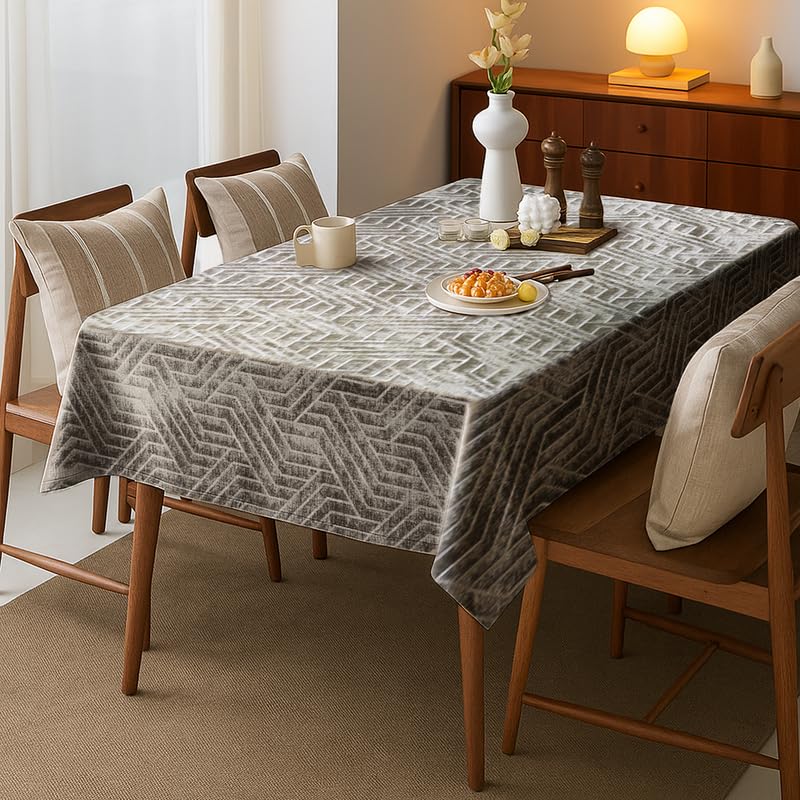 INtex Home Rectangular Tablecloth, Nadia’s Geometrical Design in Heavy Duty Linen Velvet Fabric, Soft Touch for Reception Living Room and Special Occasions - 1 Pc - 130 x 130 cm - Light Biege