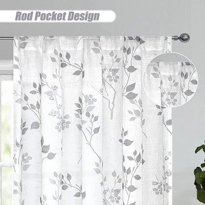 Rich Natural Linen curtains - Printed floral curtains- Semi-transparent - Road Pocket grommets for living room, bedroom, kitchens, 1 piece