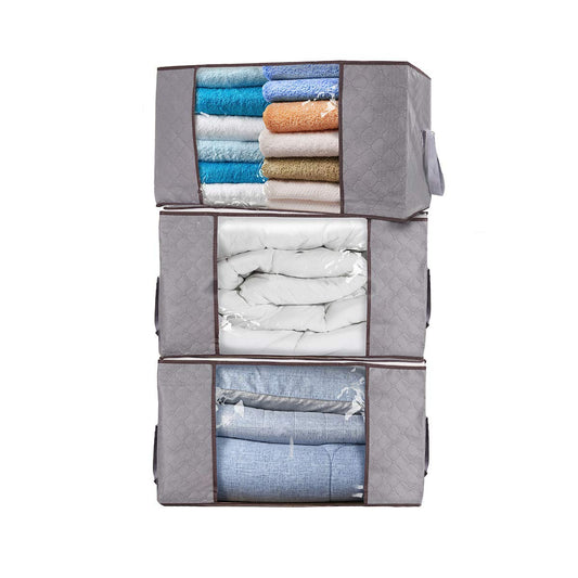 Waterproof durable fabric foldable clothing storage bag with clear window for clothes, blankets, (84l gray)- 3 pieces