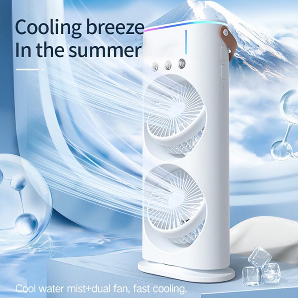 Portable Cooling Fan with Remote Control, 3 Speed Modes, Rotatable with water Tank Mini Air Cooler, Mist Cooling Fan