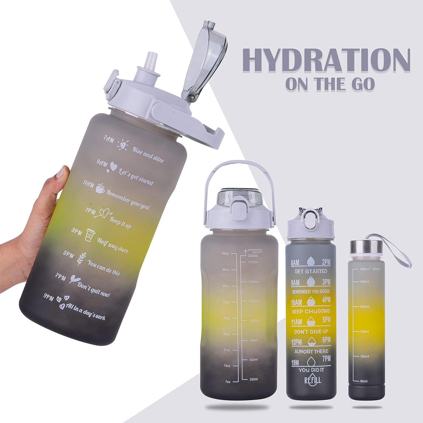 HUBTURE Set of 3 Water Bottle with Motivational Time Marker, Leakproof Durable Non-Toxic Sipper Water bottle for office, School Gallon Water bottle for gym (Black Yellow Grey, Plastic)