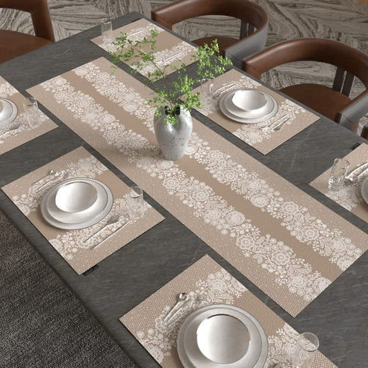 Slate Leaf 7-Piece Dining Set, includes 6 Durable Canvas Placemats (45x30 cm) and 1 Table Runner (35x140 cm), Beige & Blue, a Geometric Design to Protect and Style your Table