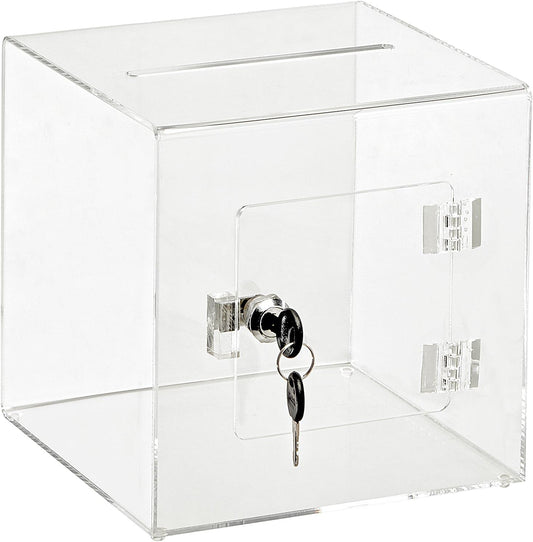 Clear Acrylic Donation and Suggestion Box with Lock and Rear Door, 20 x 20 cm, Slot for Voting, Charity Fundraising, Tips and Feedback Collection