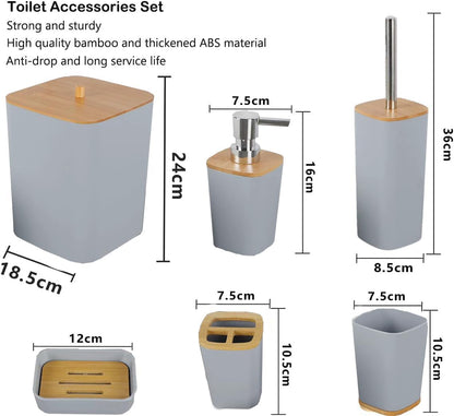 6-Piece Bamboo Bathroom Accessories Set – Bathroom Set with Trash Can, Toothbrush Holder, Soap Dish, Soap Dispenser & Cup – Stylish & Durable for Home Décor