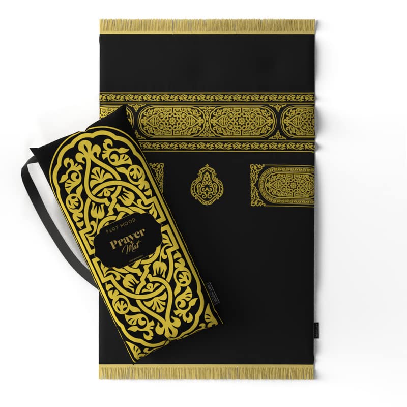 Velvet Padded Prayer Mat in Gold & Black, 68x117 cm, a luxurious rug with a stylish Mecca-inspired design and soft padding for exceptional comfort during daily prayers