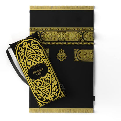 Velvet Padded Prayer Mat in Gold & Black, 68x117 cm, a luxurious rug with a stylish Mecca-inspired design and soft padding for exceptional comfort during daily prayers