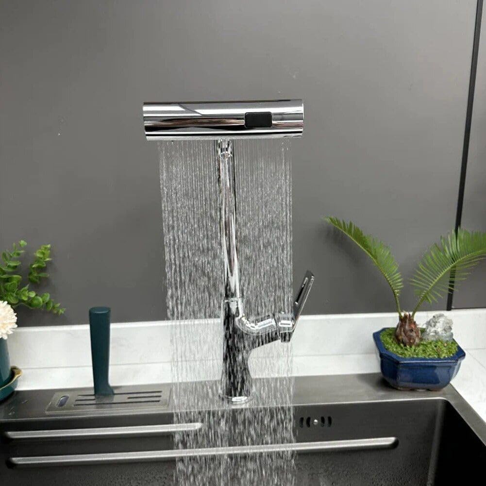 NAXUE Waterfall Kitchen Faucet | 3 in 1 360° Swivelling Pull Down Sprayer | Chrome Silver