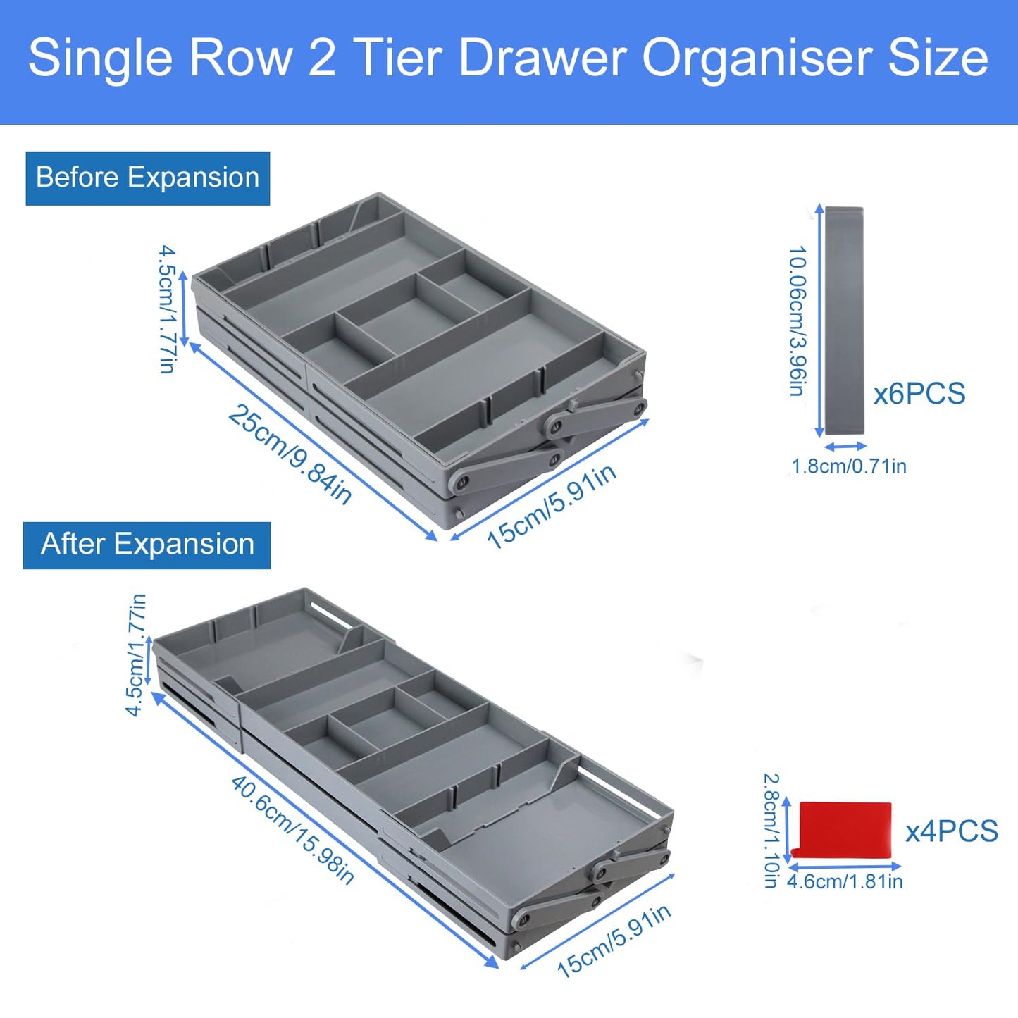 2 Tier Drawer Organiser,Smart Drawer Organizer Multi Level,Folding Shallow Drawer Organizers,Adjustable Expandable Drawer Organizer Trays For Office Gadgets,Makeup,Vanity, Jewelry,Cutlery(Single Row)