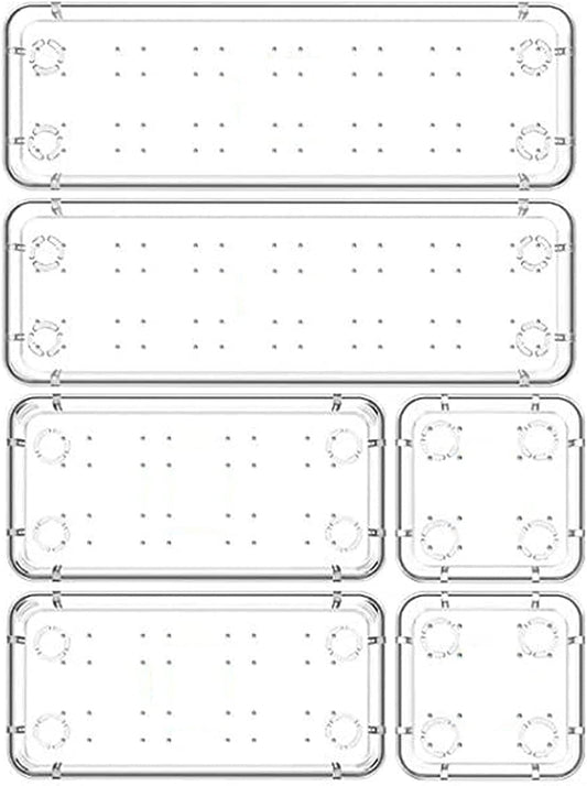 Zeinwap Desk Drawer Organizers Trays Set Clear Plastic Storage Bins Bathroom Drawer Tray Dividers Vanity Trays Organizer for Bedroom Dresser Makeup Kitchen Utensil Office (6 Pc Tray)