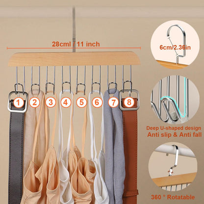 Plowatxi 3 Pack Wooden Multi-Hook Hanger for Closet Organizer, Anti-Slip, 360° Rotating, U Shape, Sturdy, Space Saving, Perfect for Belts, Vests, Ties, Bras, Underwear, Hats, Scarves