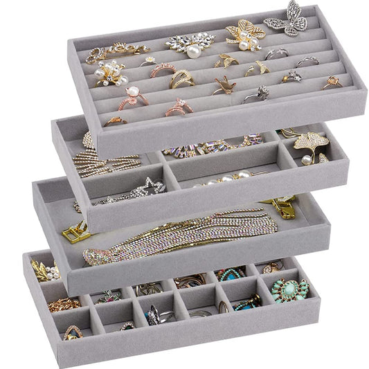 N/A/A 4 jewelry boxes, trays, organizer, stackable, storage box, drawers, jewelry organizing system, earrings, bracelets, rings (gray)