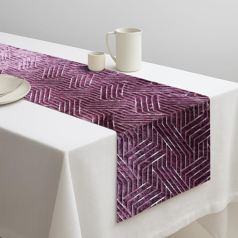 INtex Home Table Runner, Nadia’s Geometric Design in Heavy Duty Velvet Linen Fabric, Elegant Rectangular Accent for Reception Living Room or Special Occasions - 1 Pc- 40 x 130 cm - Café