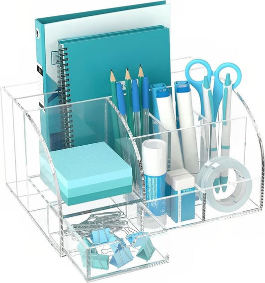 Acrylic Desk Organizer, Clear Office Supplies Storage Solution with 8 Compartments & 1 Sliding Drawer, Multi-Functional Desktop Stationary Caddy for Home, School & Office Use