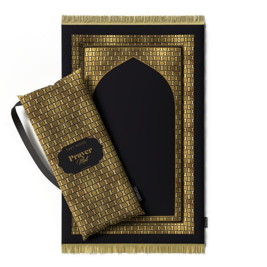Premium Velvet Padded Prayer Rug in Gold and Black, 68x117 cm, a thick and soft mat designed for maximum comfort, providing excellent cushioning for a serene prayer experience