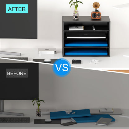 Wood Desktop Letter Tray and File Organizer, Paper Storage and MaiLSorter with 3 Adjustable Drawer Boards for Home and Office Use, Sturdy Construction in Black