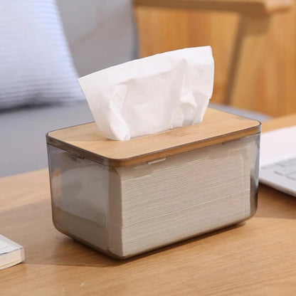 Acrylic Rectangle Multi Functional Tissue Organizer Box With Bamboo Wooden Removable Lid Add More Elegane For Home And Office - Transparent
