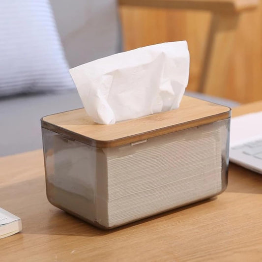 Acrylic Rectangle Multi Functional Tissue Organizer Box With Bamboo Wooden Removable Lid Add More Elegane For Home And Office - Transparent