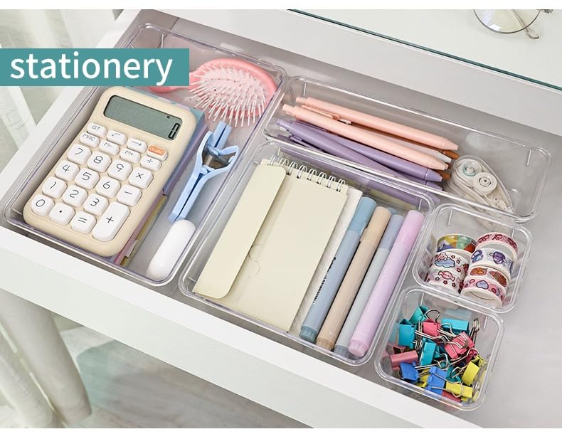 LUMOZA 25 PCs Clear Drawer Organizer Tray Set 4 Sizes of Makeup Drawer Organize Acrylic Organizer Bins for Jewelry Kitchen Gadgets and Office Supplies