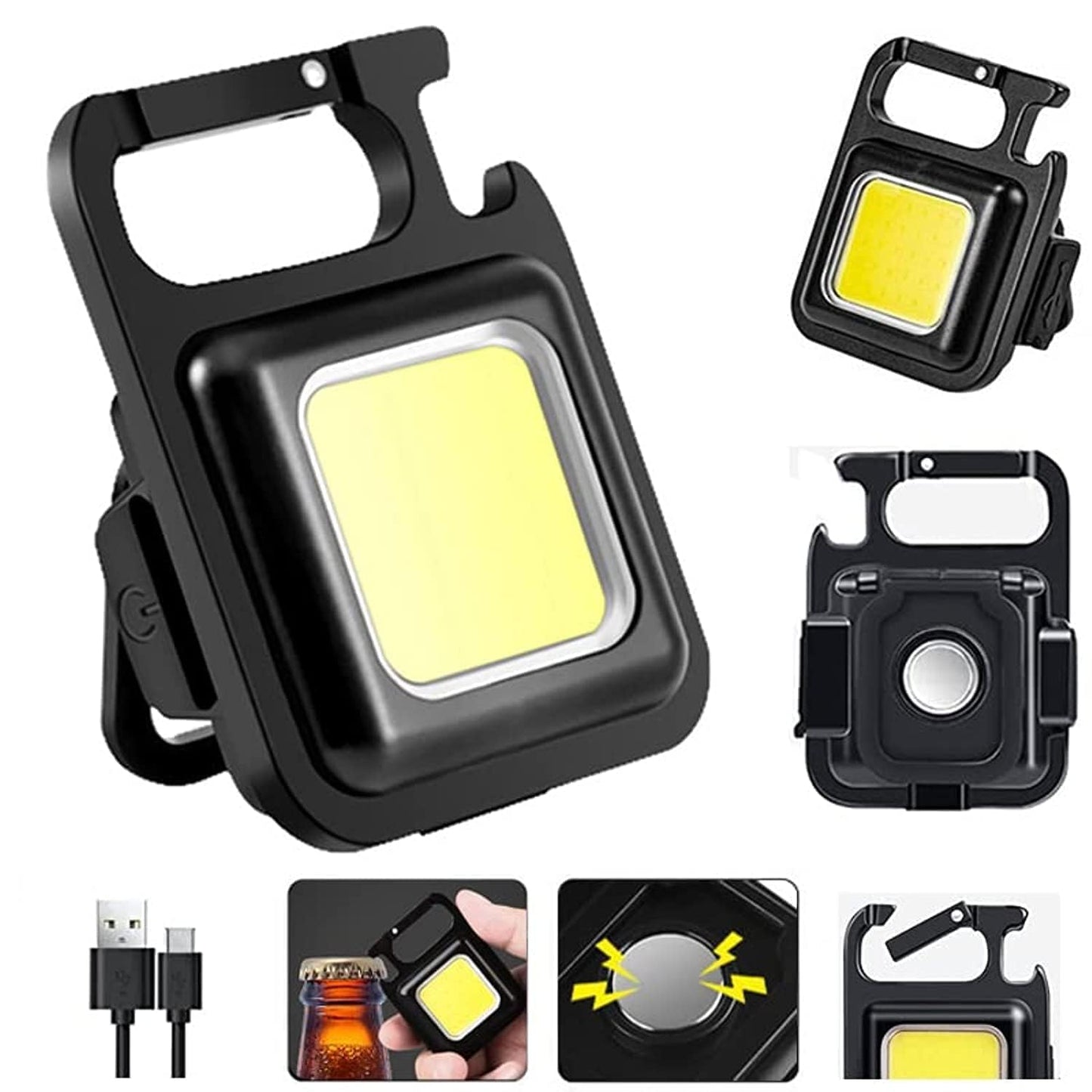 سلسلة مفاتيح صغيرة من COB، مصباح يدوي LED قابل لإعادة الشحن، 800 لومن، 4 أوضاع، بحجم الجيب مع حامل قابل للطي، قاعدة مغناطيسية، فتاحة زجاجات، للتخييم وصيد الأسماك والمشي والاستخدام في حالات الطوارئ