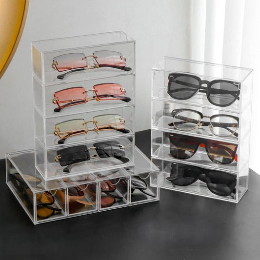 Acrylic Sunglasses Organizer with 4-Lid Drawer Storage, Clear Rectangular Box for Eyewear, Cosmetics, or Accessories, Suitable for Bathroom, Desk, Countertop, Office, and Dorm Use, Clear
