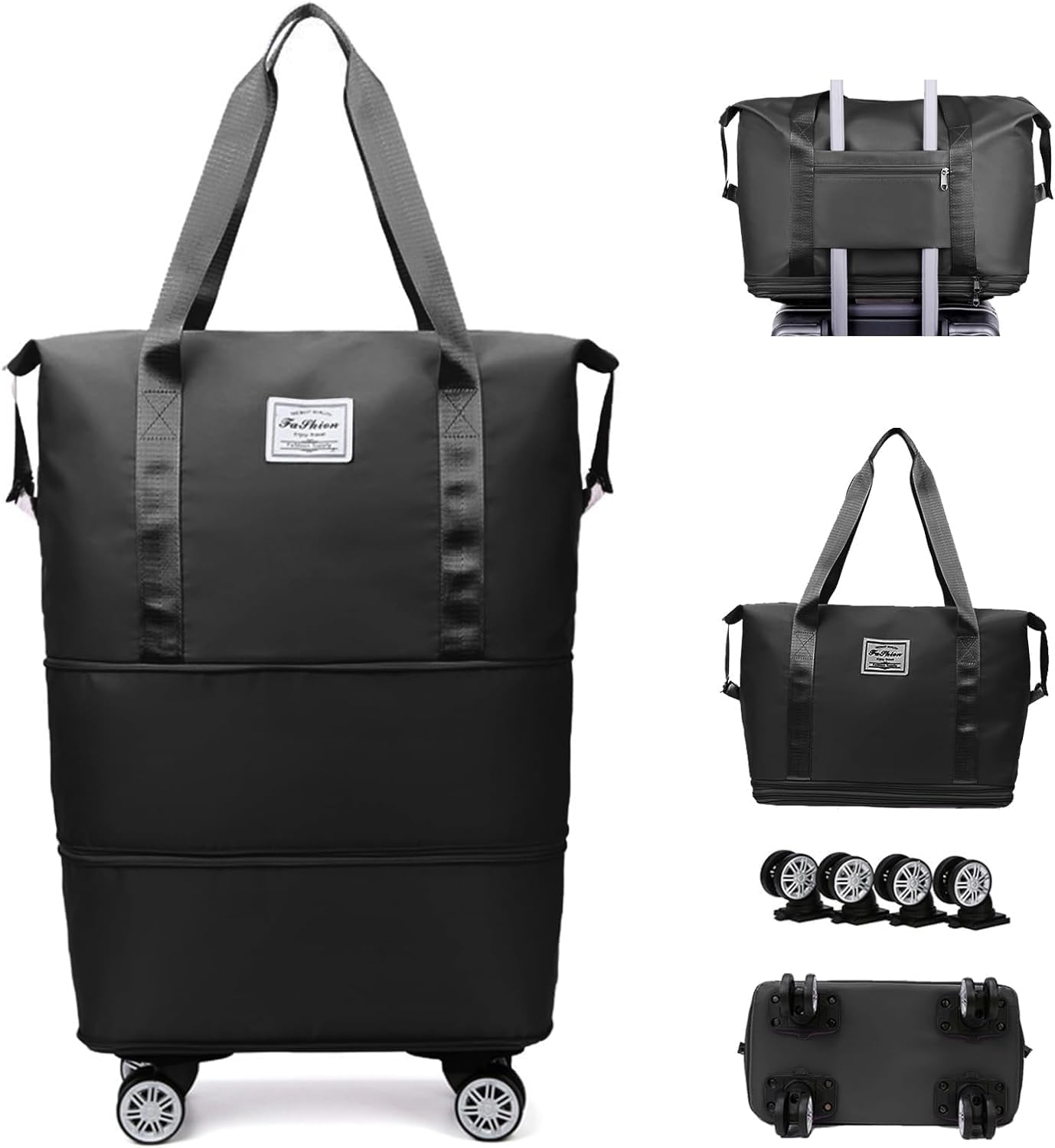 Claiez Duffel Trolley Bags for Travel,Luggage Bags for Travel,Rolling Duffle Bag with Wheels,Travel Bags for Luggage Trolley,Expandable Foldable with Wheels, Black, Wheel Bag