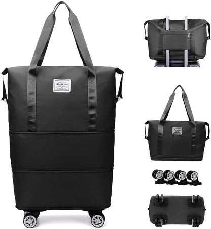 Claiez Duffel Trolley Bags for Travel,Luggage Bags for Travel,Rolling Duffle Bag with Wheels,Travel Bags for Luggage Trolley,Expandable Foldable with Wheels, Black, Wheel Bag