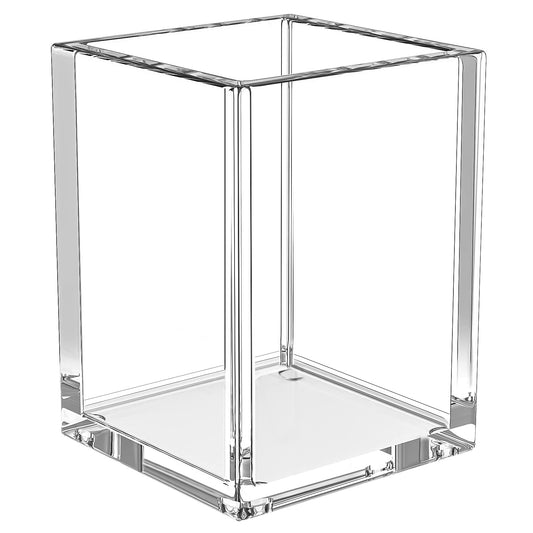 Modern Clear Acrylic Pen and Pencil Holder, Elegant Square Desk Cup for Office and Home, Versatile Makeup Brush Holder and Stationary Organizer, Single Pack Desktop Accessory