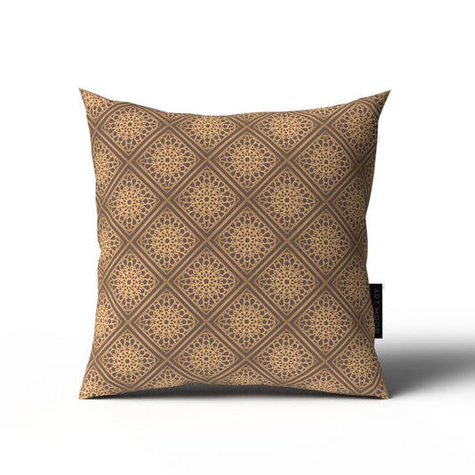 Era Velvet Cushion Cover in Brown & Gold, an opulent 40x40 cm decorative throw pillow with a luxurious Islamic pattern, ideal for creating a rich and festive atmosphere for Ramadan