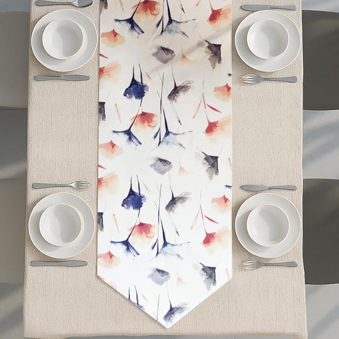 Table Runner, Sou Floral Pattern, V-End Design, Premium Linen Velvet Fabric, Ultra-Soft and Wrinkle-Resistant, 1 Piece, Off-White x Navy Blue x Blush, for Dining and Living Room Décor