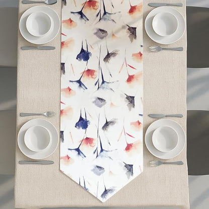 Table Runner, Sou Floral Pattern, V-End Design, Premium Linen Velvet Fabric, Ultra-Soft and Wrinkle-Resistant, 1 Piece, Off-White x Navy Blue x Blush, for Dining and Living Room Décor