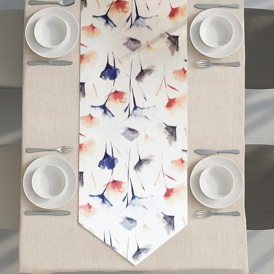 Table Runner, Sou Floral Pattern, V-End Design, Premium Linen Velvet Fabric, Ultra-Soft and Wrinkle-Resistant, 1 Piece, Off-White x Navy Blue x Blush, for Dining and Living Room Décor