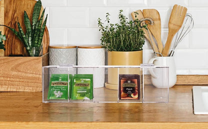 Clear Acrylic Tea Bag Organizer with Hinged Lid, 35 x 10 x 8 cm Storage Caddy with 5 Compartments, Countertop Box for Assorted Teas Condiments and Sugar Packets