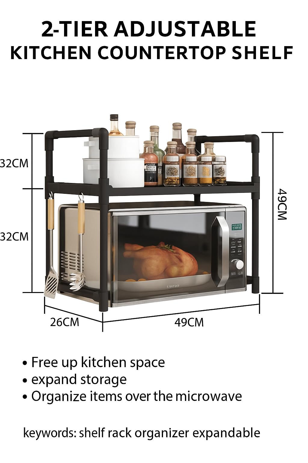 2-Tier Adjustable Microwave Oven Rack, Kitchen Countertop Organizer Shelf with Hooks, Space Saving Storage Rack for Spices, Utensils and Kitchen Supplies (White)