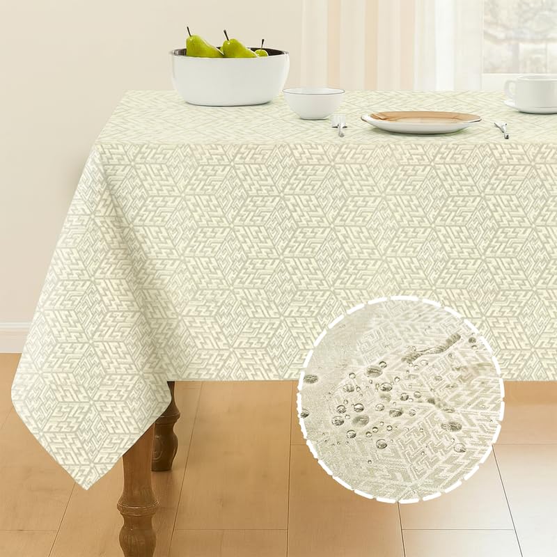 INtex Home Waterproof Tablecloth, Daniella Geometric Pattern Rectangle Table Cover, Stain Resistant Wipeable Fabric for Kitchen Dining Table, 1 Piece - Geometric Maze - Off-White - 200 x 270 cm