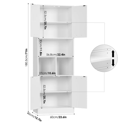 Bookcase with 4 Doors in White, 180.5cm Bookshelf with Living Room Storage, Free Standing Cupboard for Home Office, Large Capacity Cabinet (180.5x60x40cm)