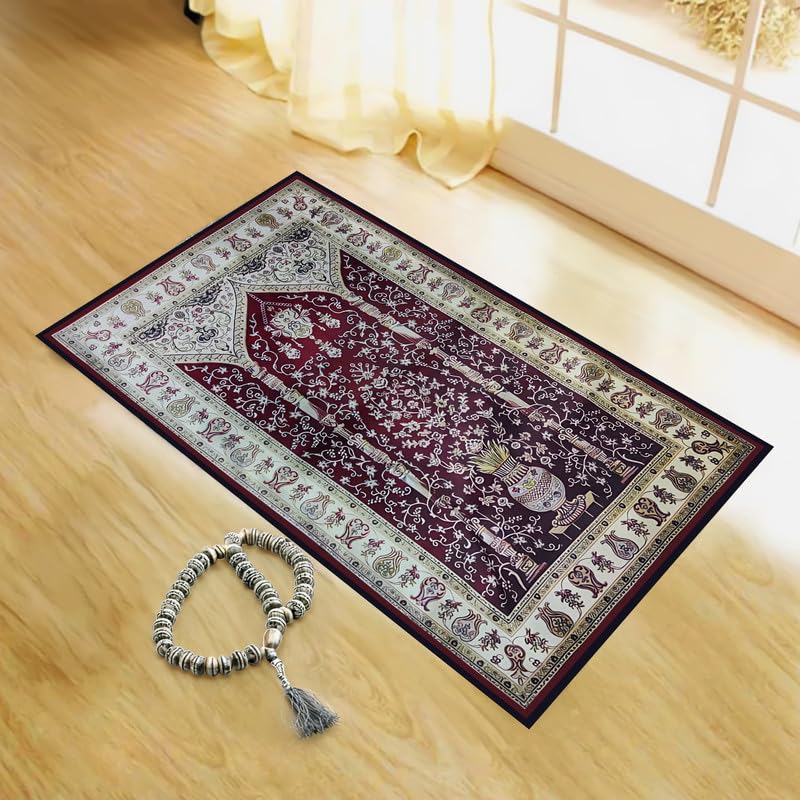 INtex Home Velvet Padded Prayer Rug, Multicolor Islamic Persian Design, Soft Printed Fabric with Anti-Slip Layer, Comfortable and Cushioned, 70x110 cm