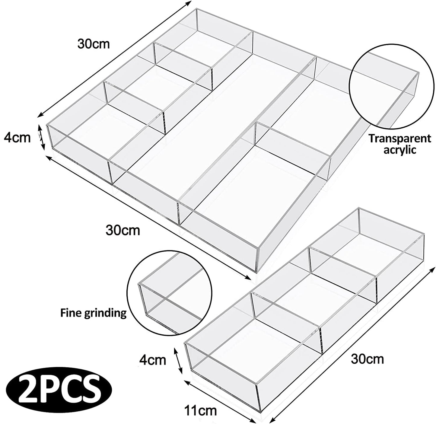 Acrylic Drawer Organizer Set, 2-Piece Clear Drawer Trays with 6-Section and 3-Section Dividers, 30 x 30 x 4 cm, Ideal for Makeup, Office Supplies, Jewelry and Home Organization, Clear