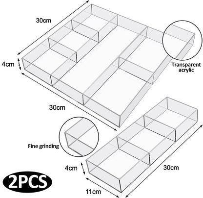 Acrylic Drawer Organizer Set, 2-Piece Clear Drawer Trays with 6-Section and 3-Section Dividers, 30 x 30 x 4 cm, Ideal for Makeup, Office Supplies, Jewelry and Home Organization, Clear