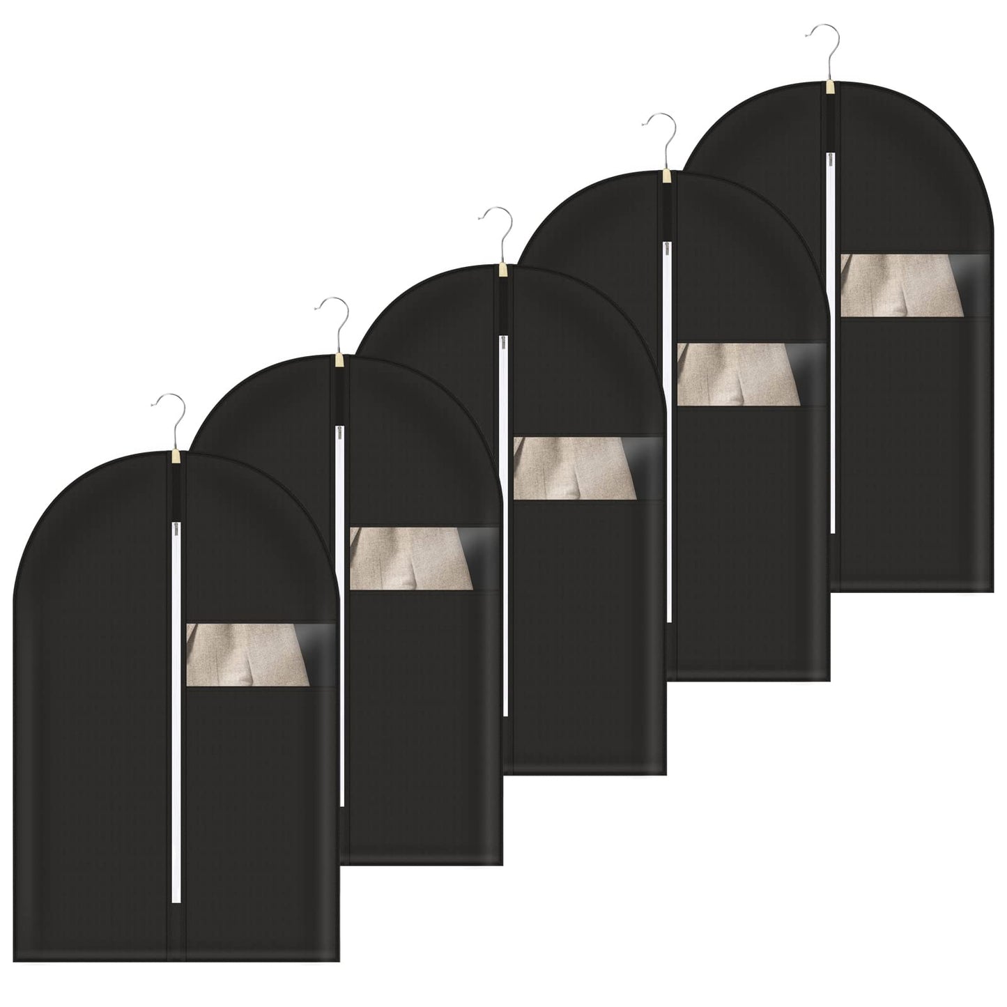 5-Pack Clothes Storage Garment Bags, Breathable Non-Woven Suit Covers with Zipper and Clear Window, Dust and Moth Protection for Suits, Jackets, Dresses, and Shirts, 100x60 cm