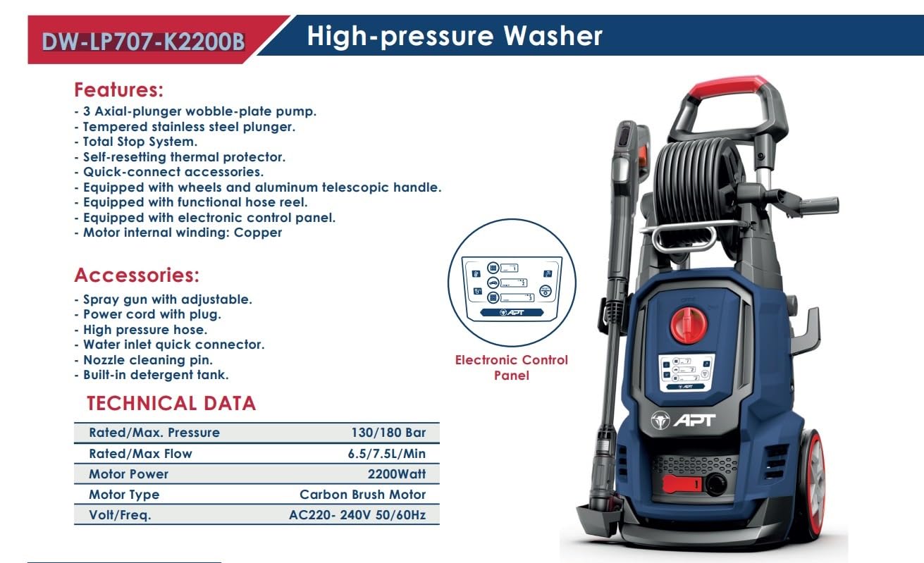APT HIGH PRESSURE WASHER DW-LP707-K2200B BY CIRCLE TOOLS 180 BAR 2200 WATT DIGITAL ELCTRONIC CONTROL PANEL for cars, gardens, air Conditioners, carpets, with wheels