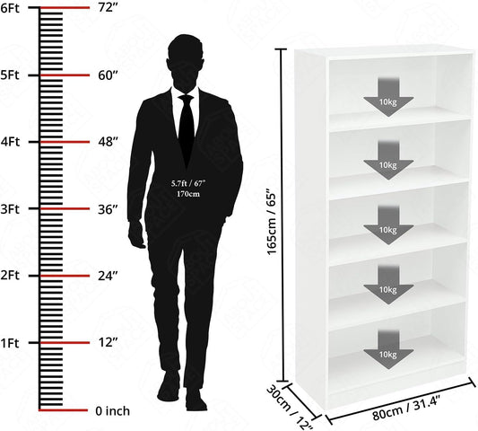 Ergonomic 5-Tier Geometric Wood Bookshelf in White, 1.6m Tall Multipurpose Home Library Organizer, Open Storage for Bedroom, Living Room, Study (L80cm x D30cm x H160cm)