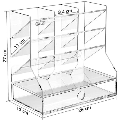 Acrylic Pen Organizer for Desk with Drawer, Multi-Functional Clear Marker Holder with 12 Compartments, Heavy-Duty Desktop Pencil Storage for Home, Office & Art Studio
