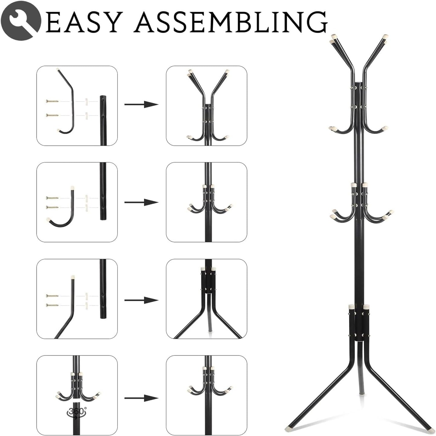 Bolivia's Coat Rack Stand, Metal Coat Hat Hanger Organizer Rack with 12 Hooks, Coat Tree, Free Standing Coat Rack for Clothes, Jackets, Hats, Purses, Bags, Keys, Umbrella (Black)