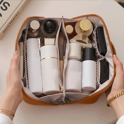 xinrongda Large-Capacity Travel Cosmetic Bag for Women, Multifunction Makeup Bags, Portable Cosmetic Bag with Handle and Gold Zipper, Brown, Fashion