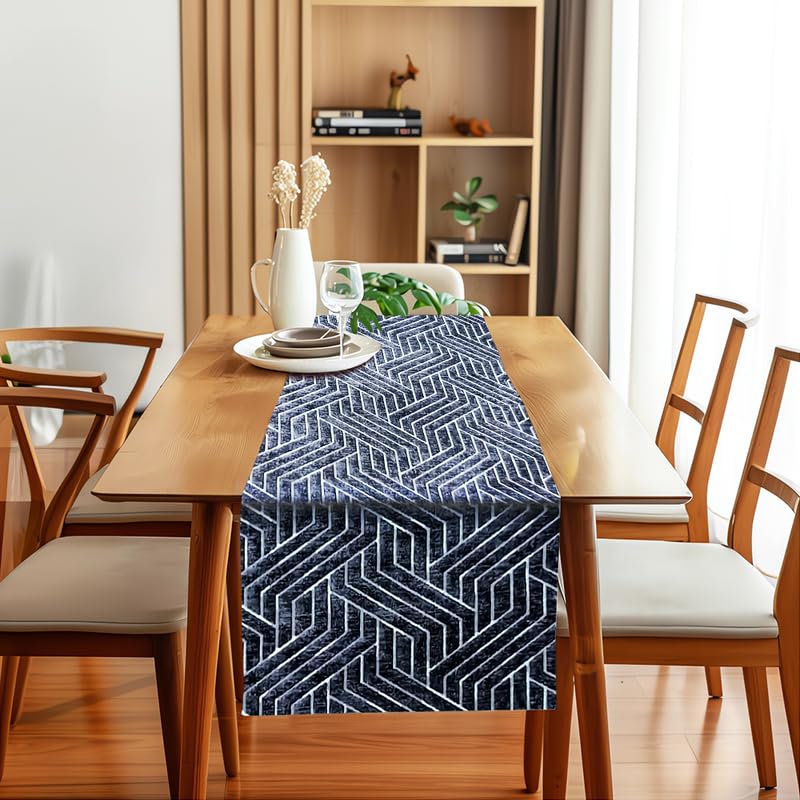 INtex Home Table Runner, Nadia’s Geometric Design in Heavy Duty Velvet Linen Fabric, Elegant Rectangular Accent for Reception Living Room or Special Occasions - 1 Pc- 40 x 130 cm - Café